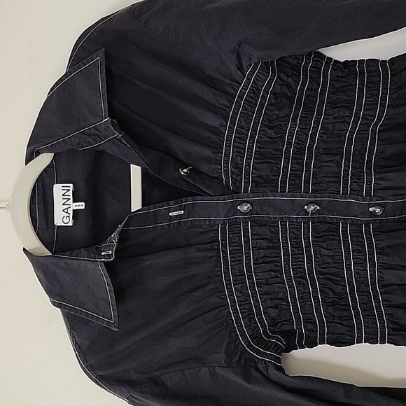 GANNI Women's Shirred organic cotton-poplin Black Blouse Size Small - Picture 13 of 17